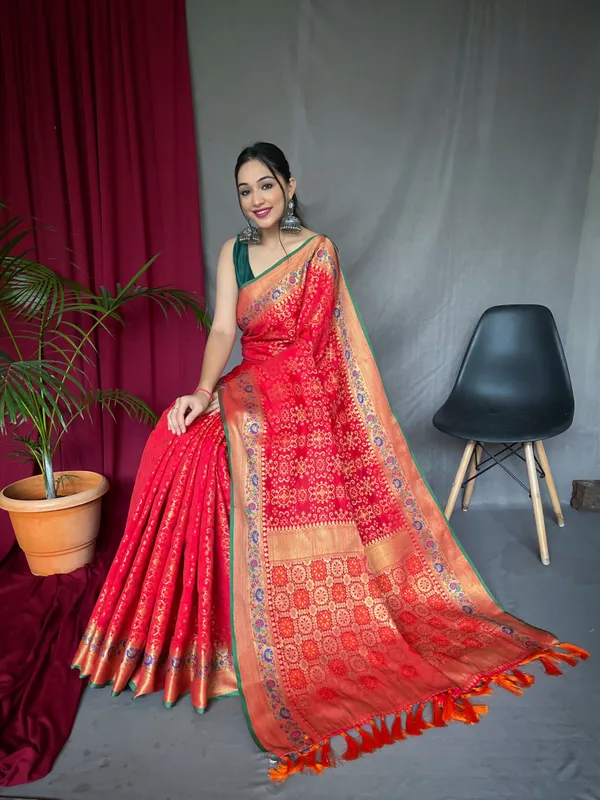 Red_Pure_Bandhej_Patola_Silk_Sarees_with_Minakari_Work_With_Blouse_Piece_Attached